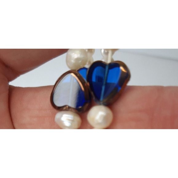Freshwater Pearl And Blue Glass Heart Necklace 33 Inches - Picture 5 of 6
